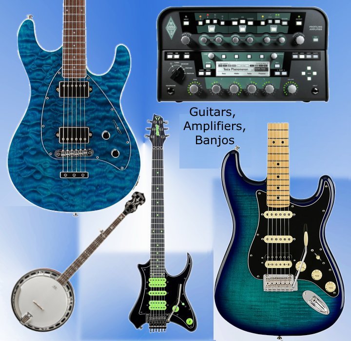 Acoustic Electric Guitars, Bass Guitars, Banjos, Amps!